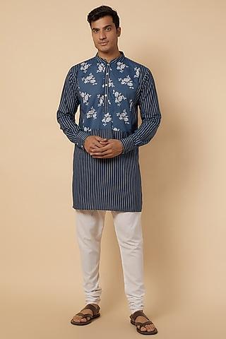blue cotton floral & stripe printed kurta set for boys