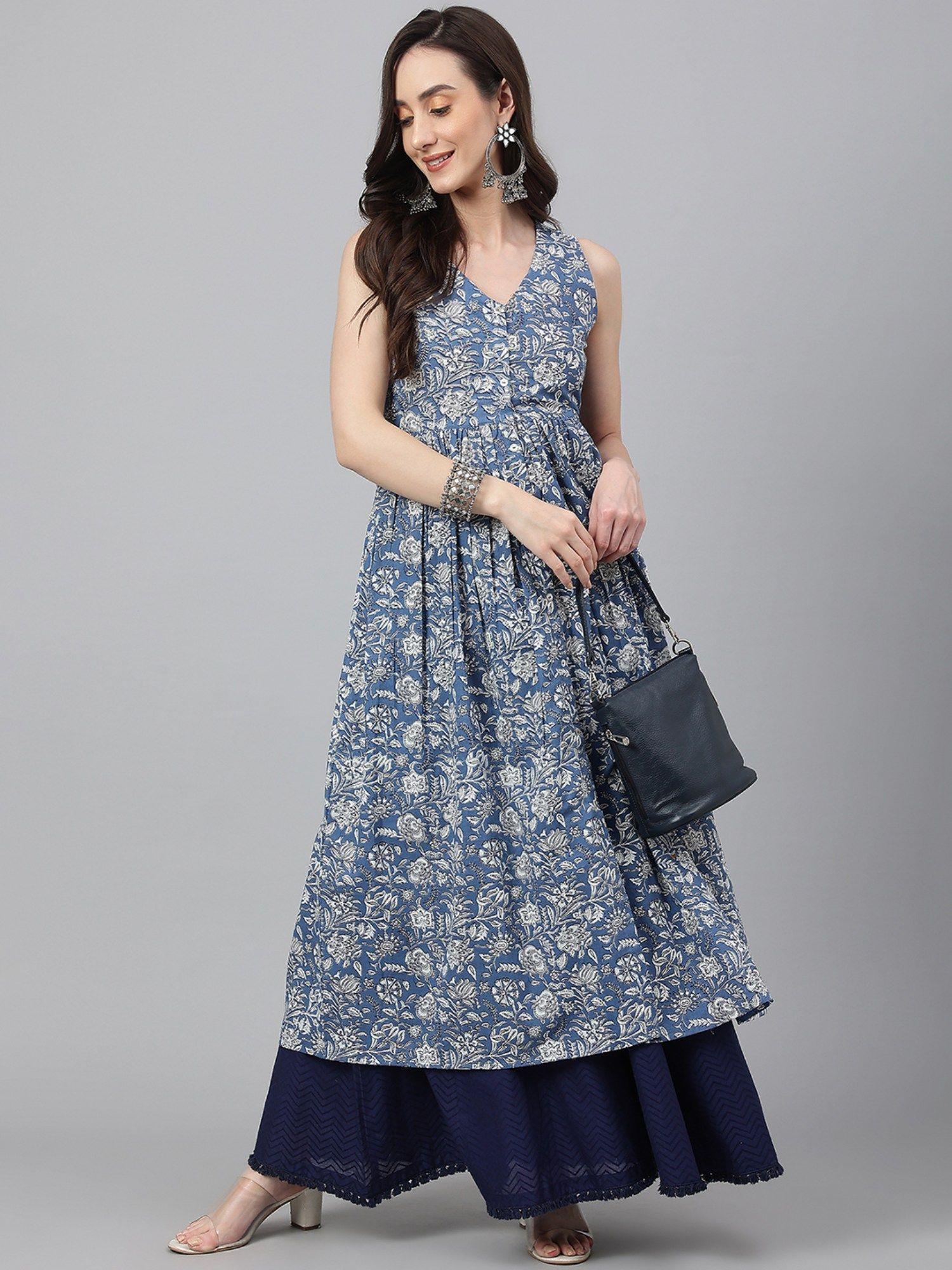 blue cotton floral print flared kurta