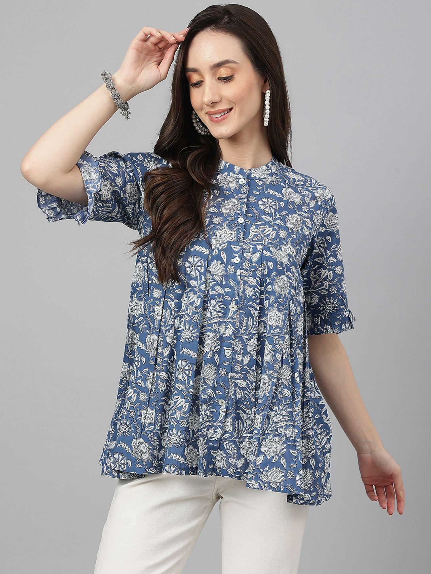 blue cotton floral print flared top