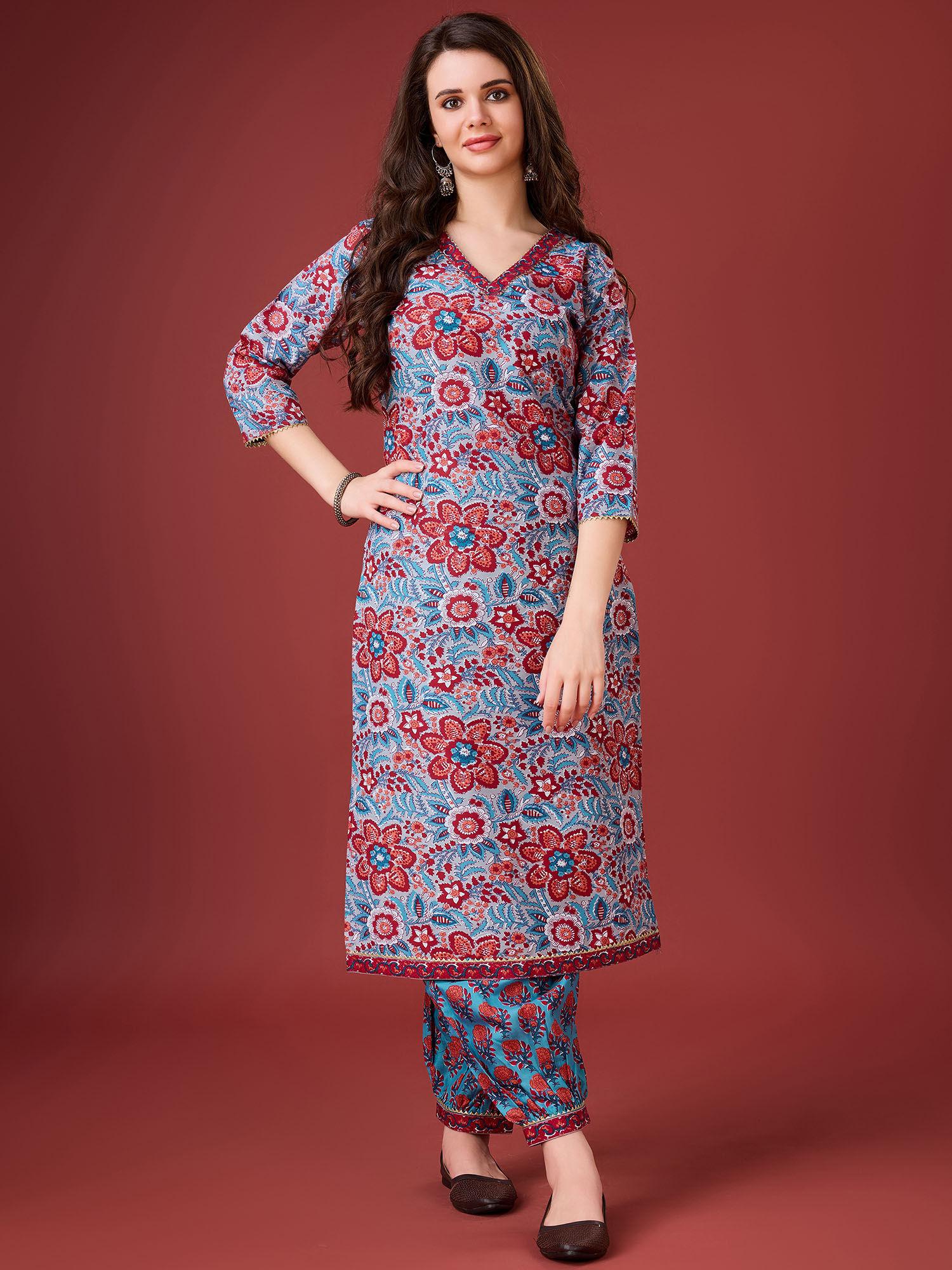 blue cotton floral print kurta with afghani salwar (set of 2)