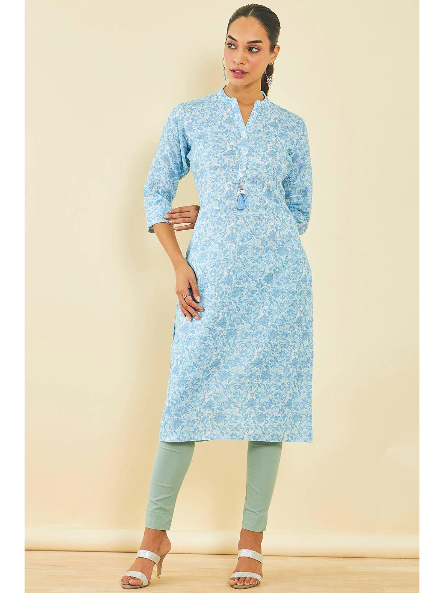 blue cotton floral print kurta