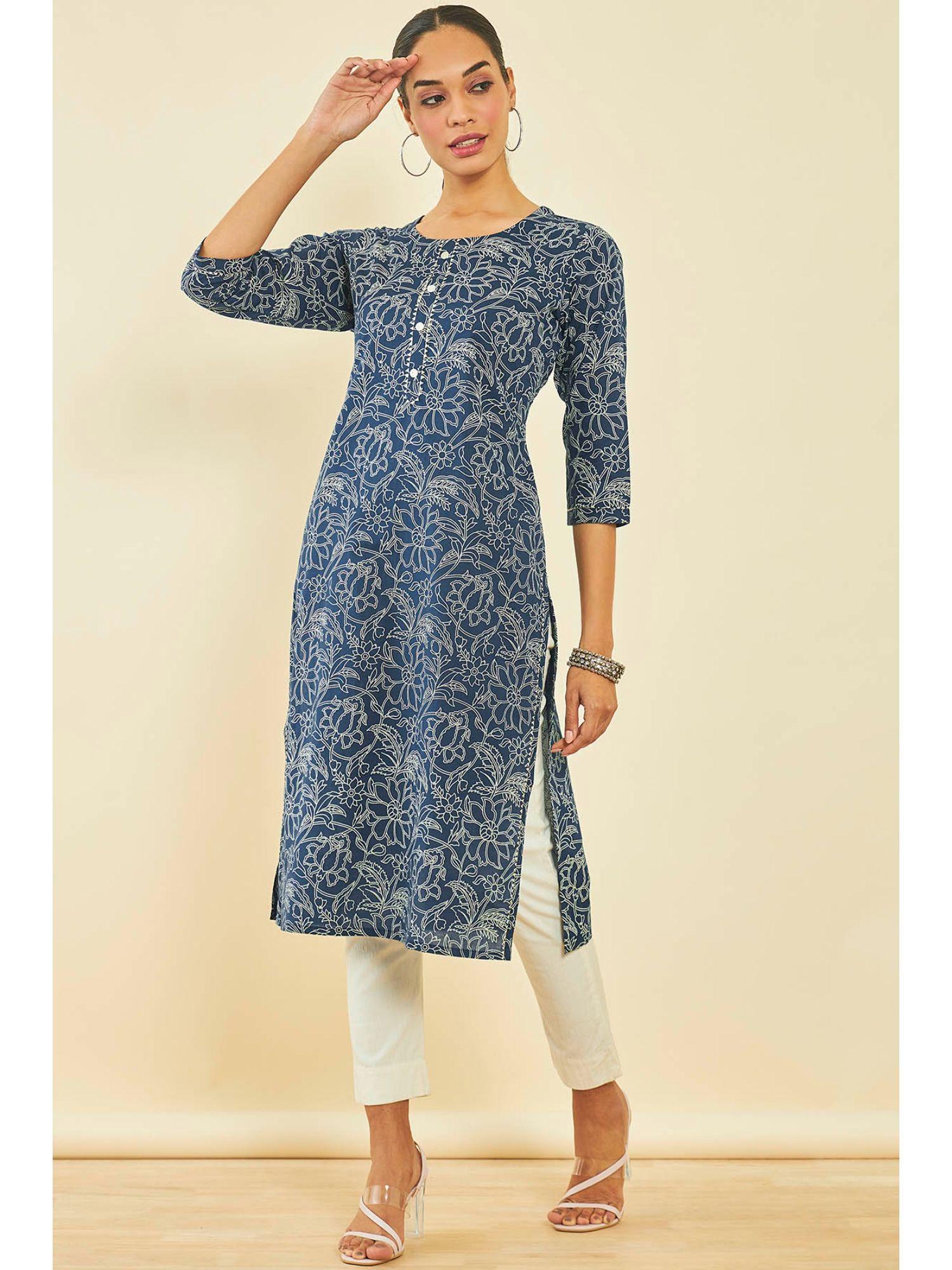 blue cotton floral print kurta