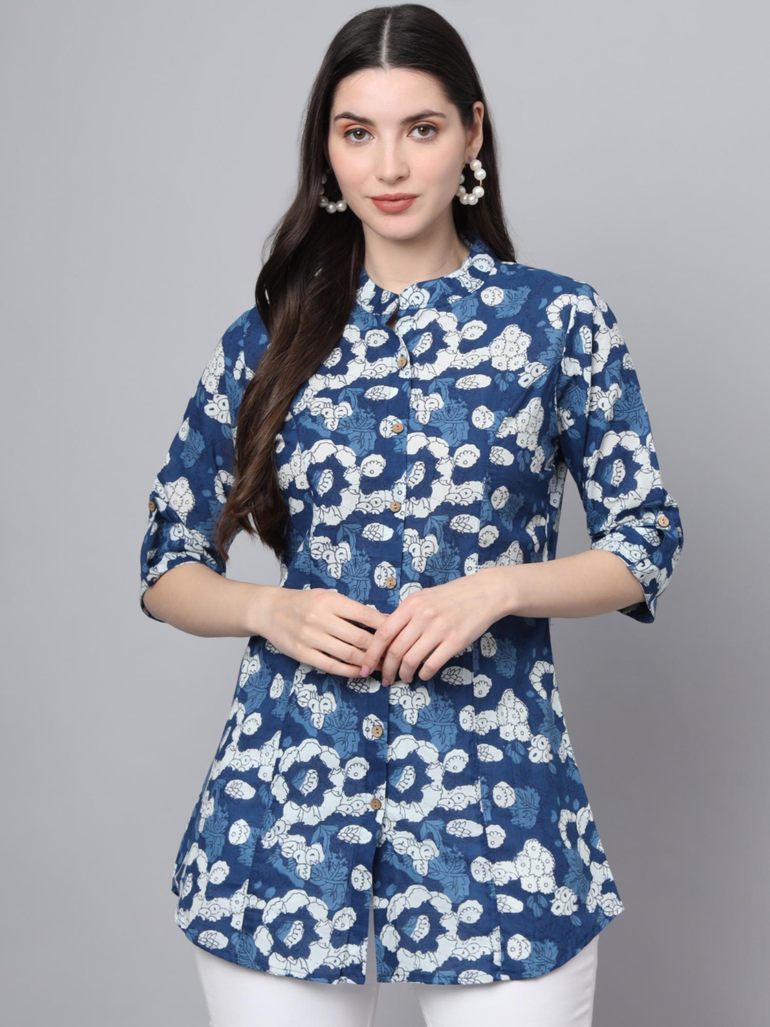 blue cotton floral print shirt style top