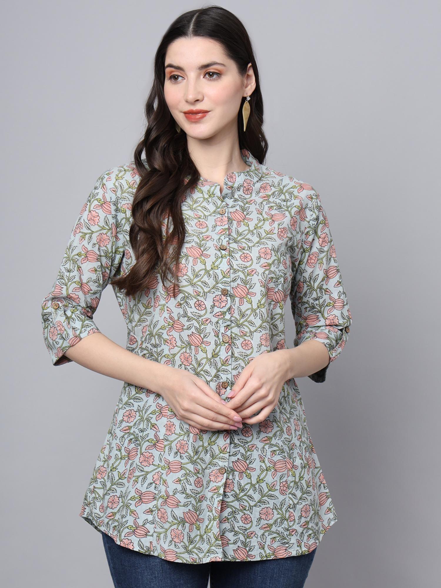 blue cotton floral print shirt style top