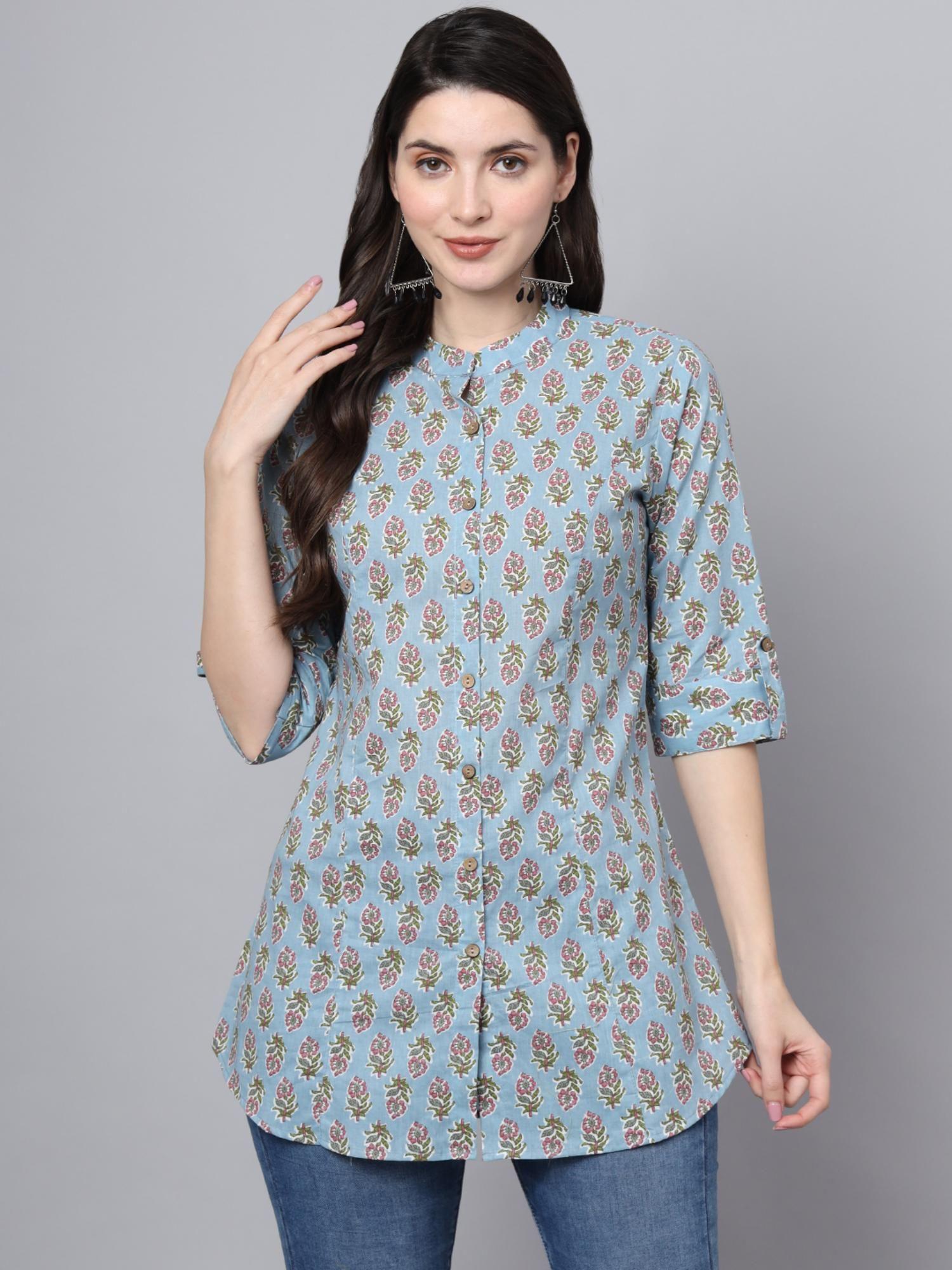 blue cotton floral print shirt style top