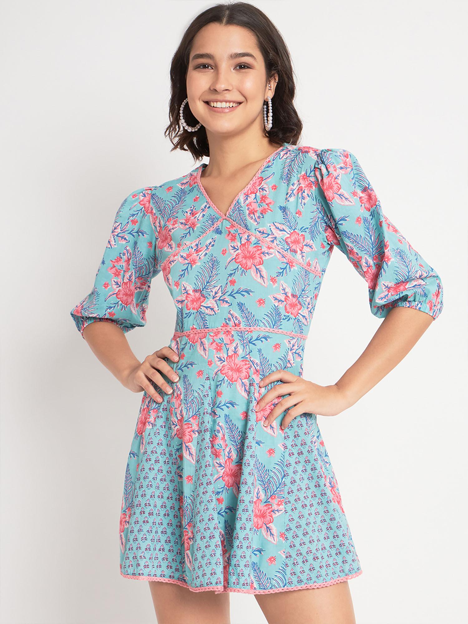 blue cotton floral print stitched mini dress