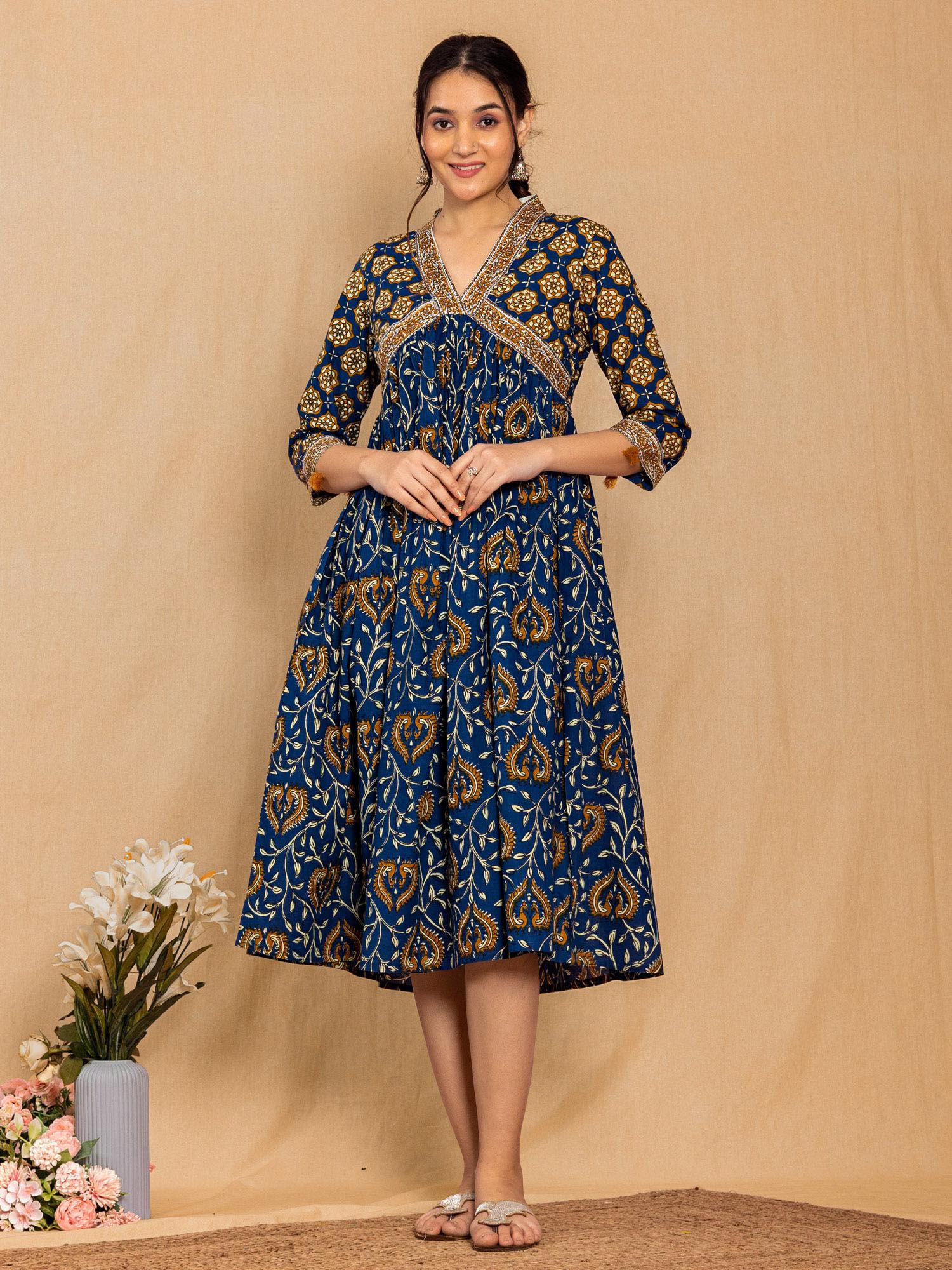 blue cotton floral printed a-line dress