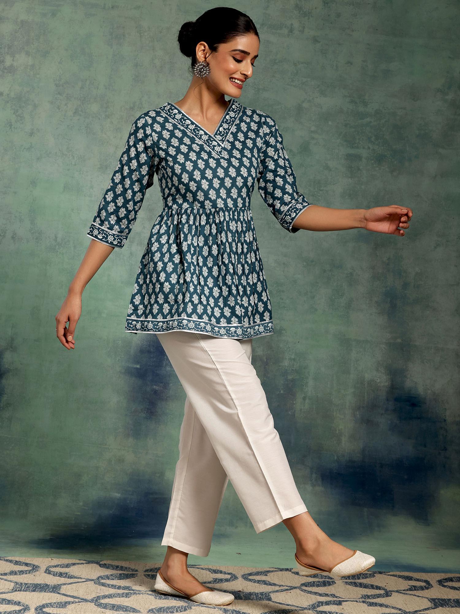 blue cotton floral printed a-line tunic