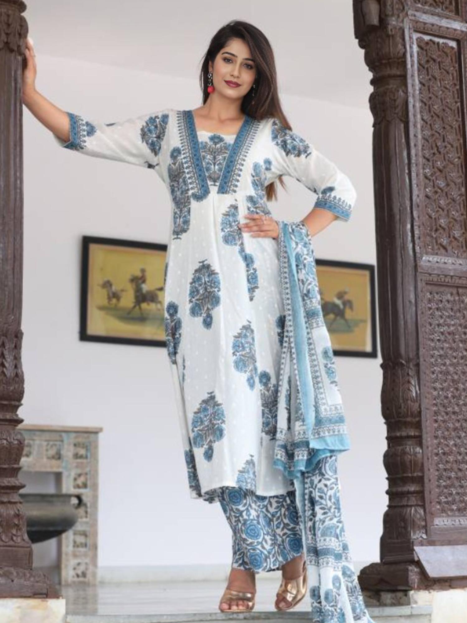 blue cotton floral printed kurta with palazzo and dupatta (set of 3)