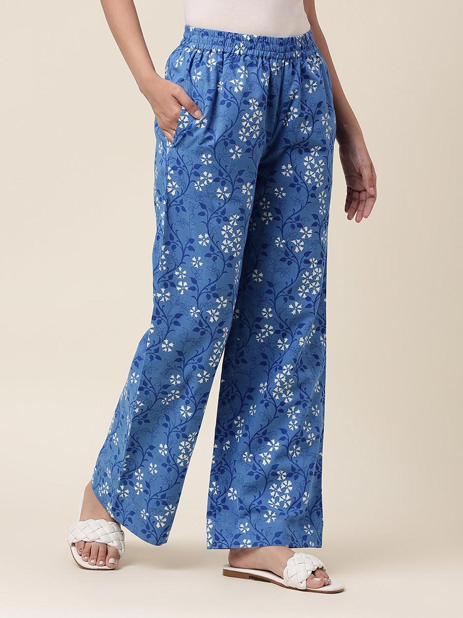 blue cotton floral regular fit palazzo