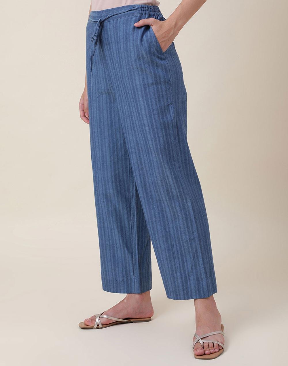 blue cotton full length casual pant