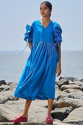 blue cotton gathered dress