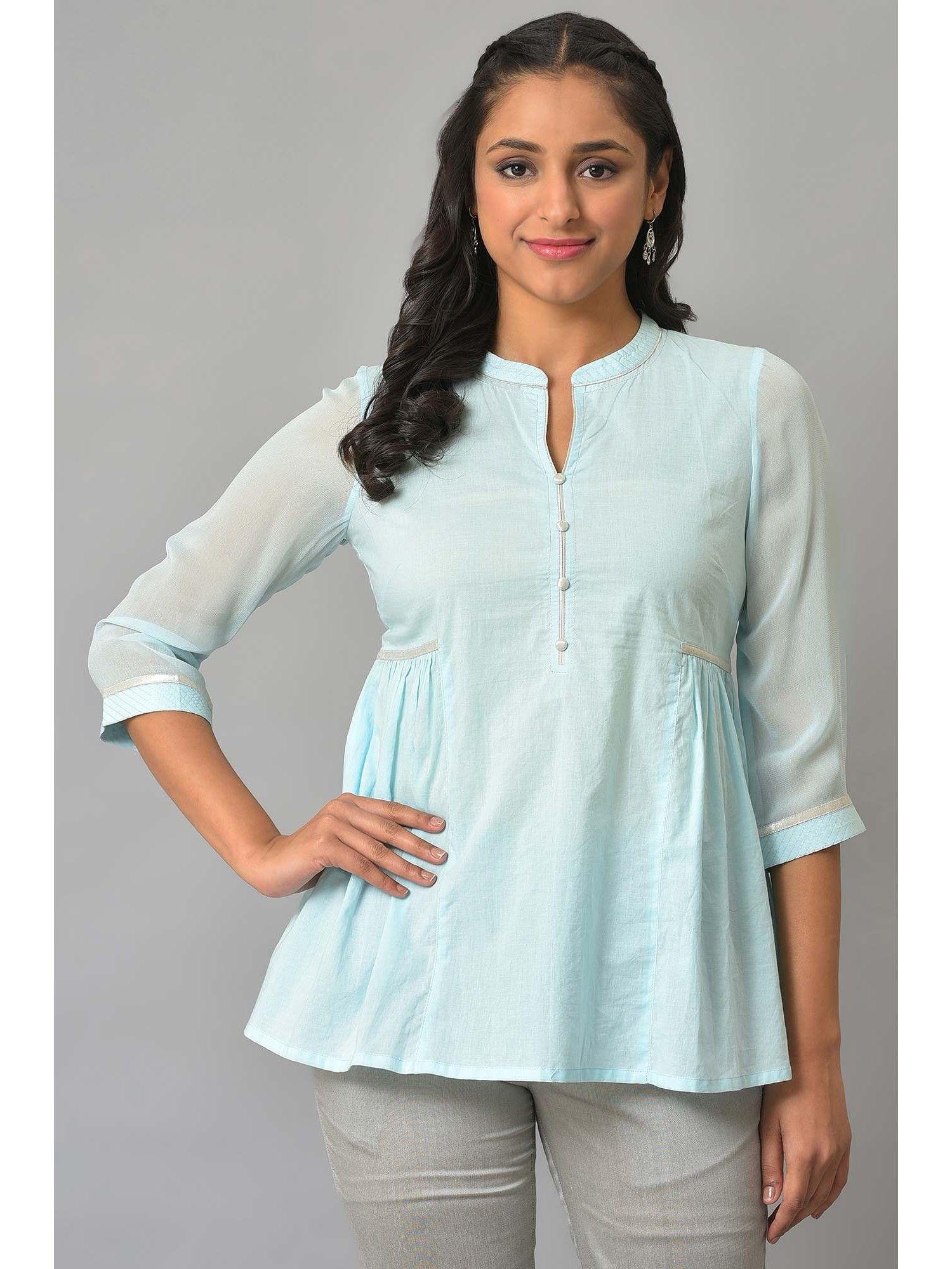 blue cotton gathered plus size short kurti