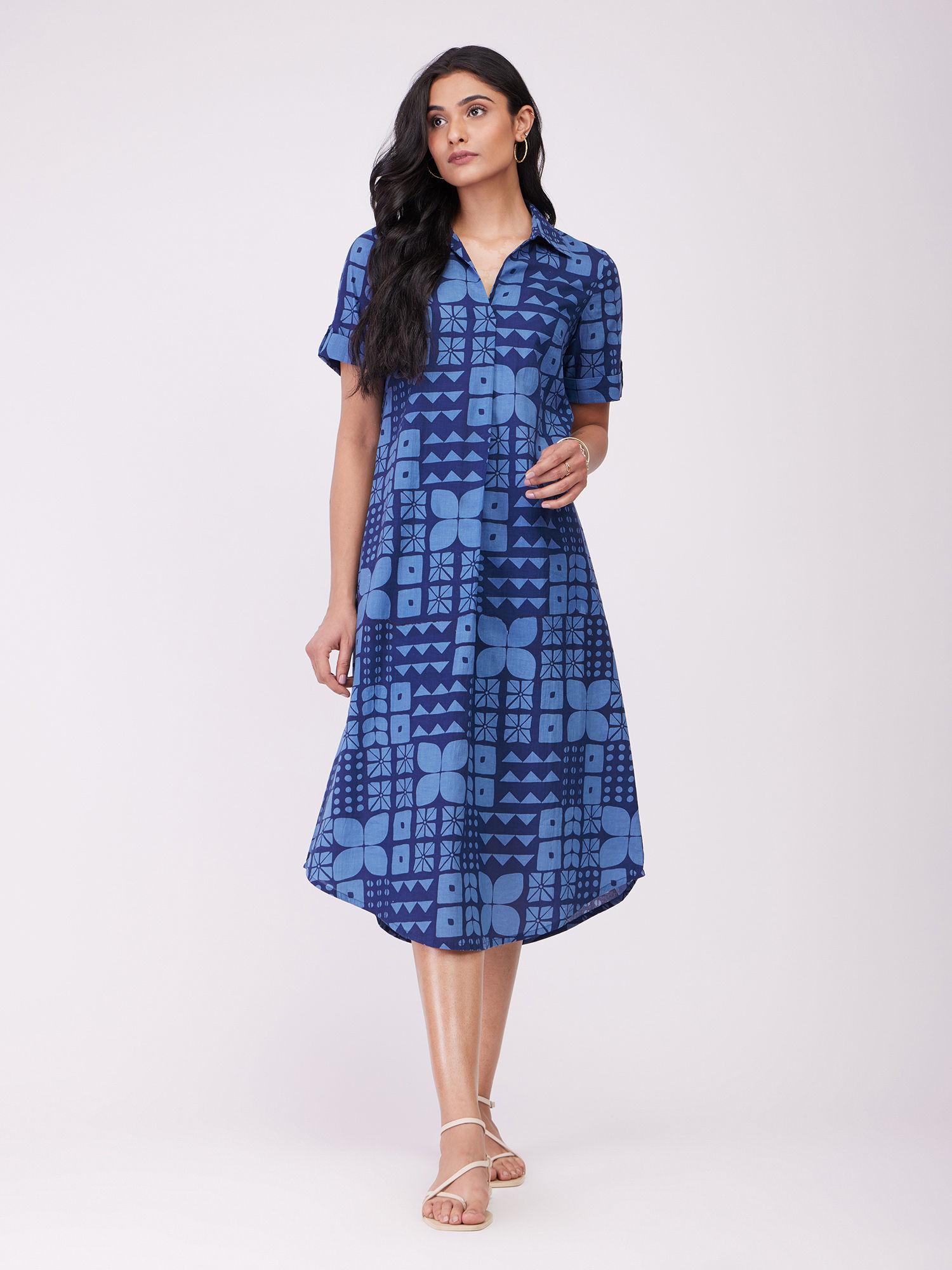 blue cotton geometric shirt dress