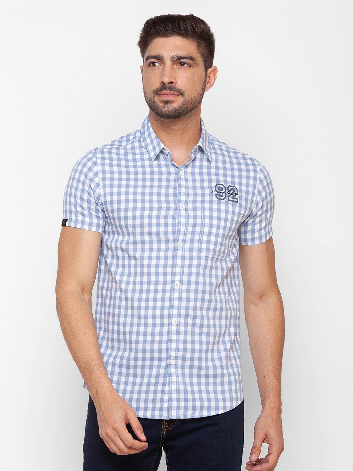 blue cotton half sleeve checks shirt for men