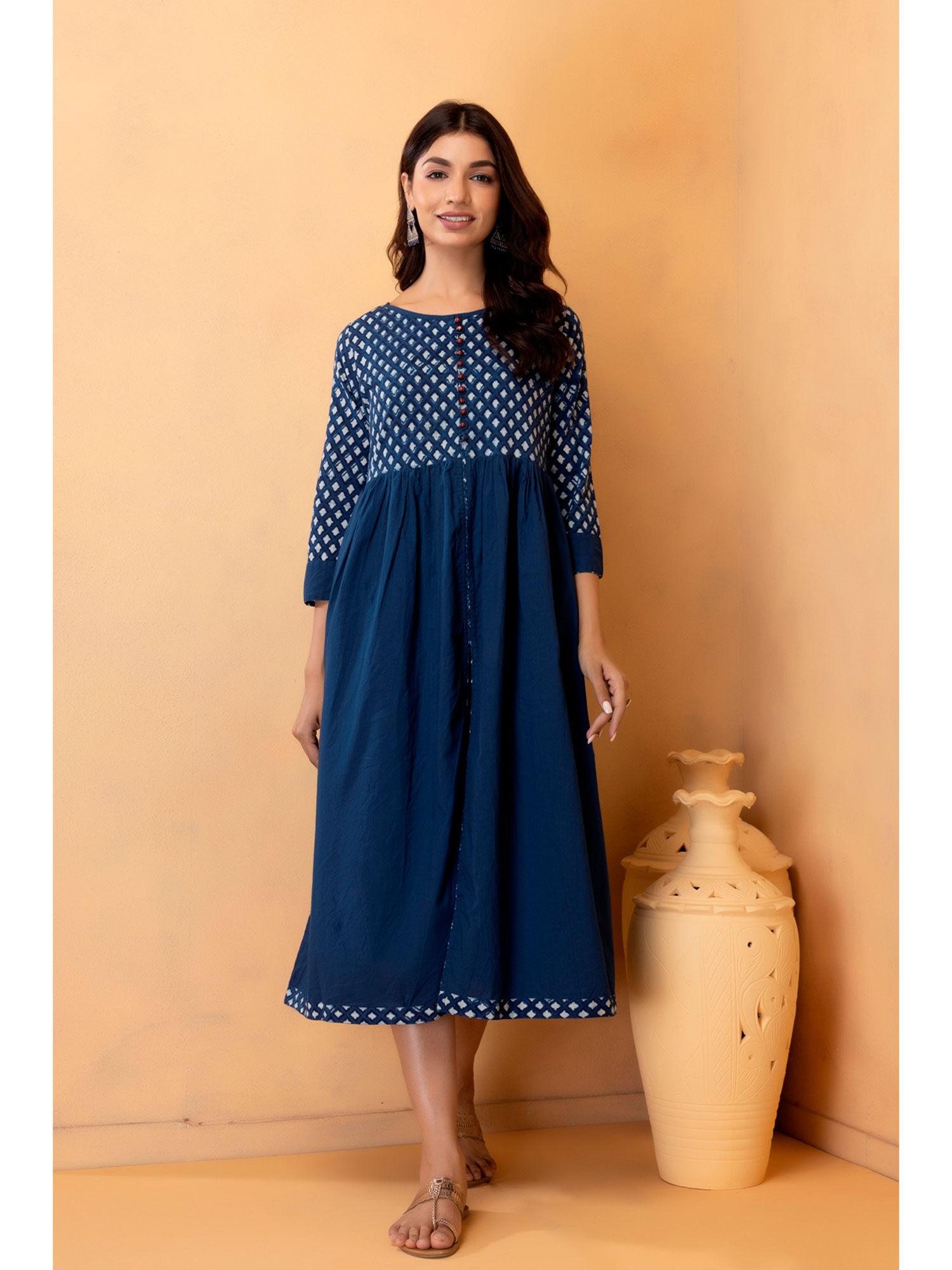 blue cotton hand block print dress