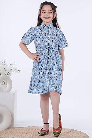 blue cotton hand block printed dress for girls