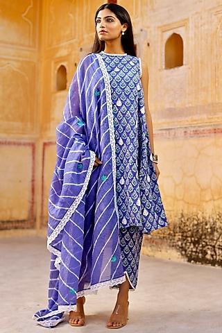 blue cotton hand block printed kali kurta set