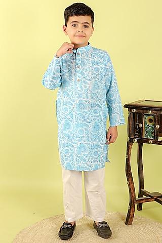 blue cotton hand block printed kurta set for boys