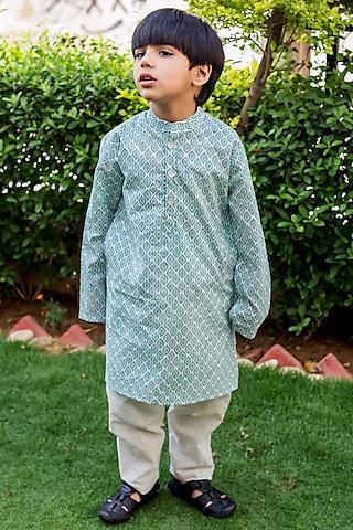 blue cotton hand block printed kurta set for boys