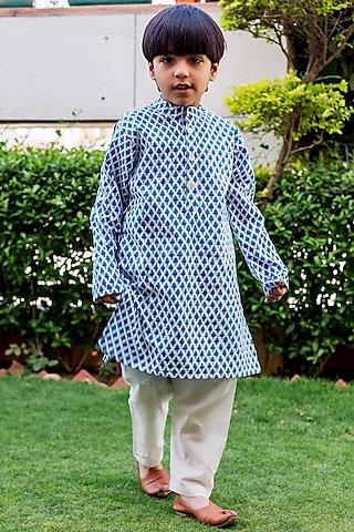 blue cotton hand block printed kurta set for boys