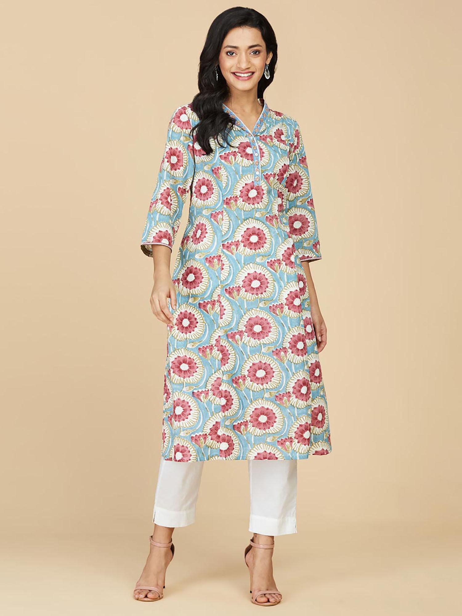 blue cotton hand block printed long kurta