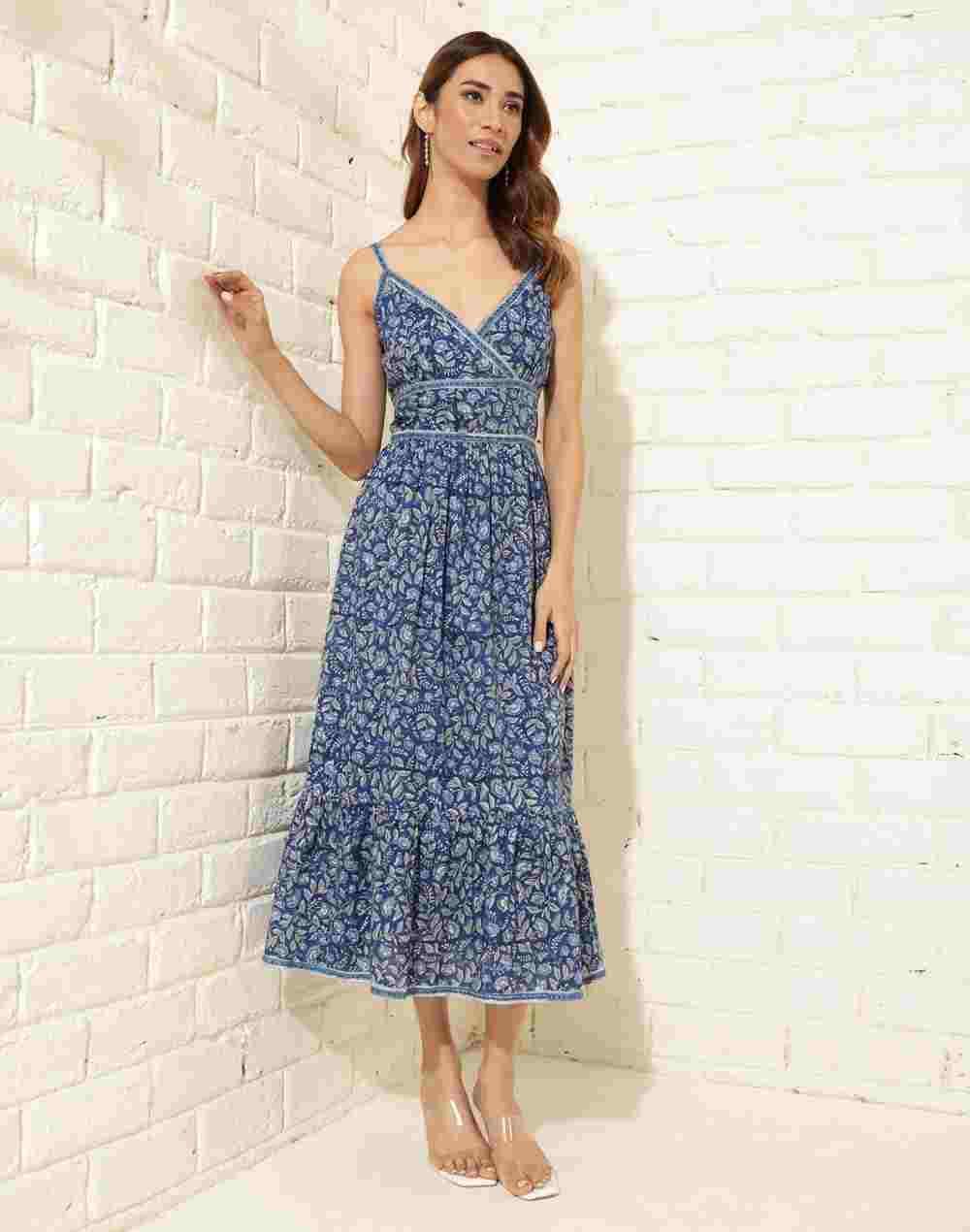 blue cotton hand block printed maxi