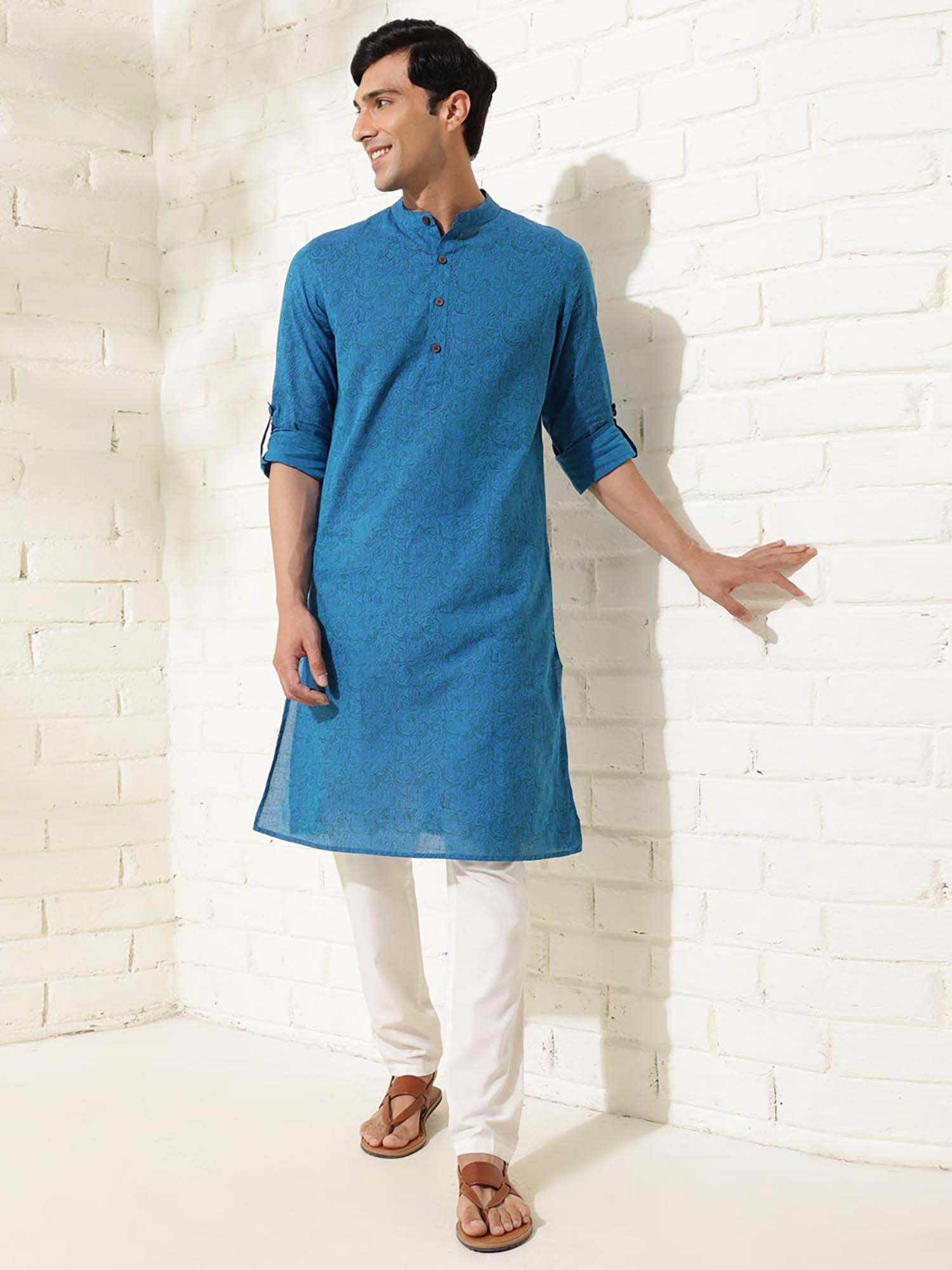 blue cotton hand block printed slim fit kurta