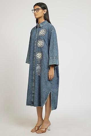 blue cotton hand embroidered handcrafted acid washed denim shirt dress
