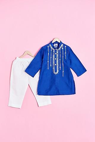 blue cotton hand embroidered kurta set for boys