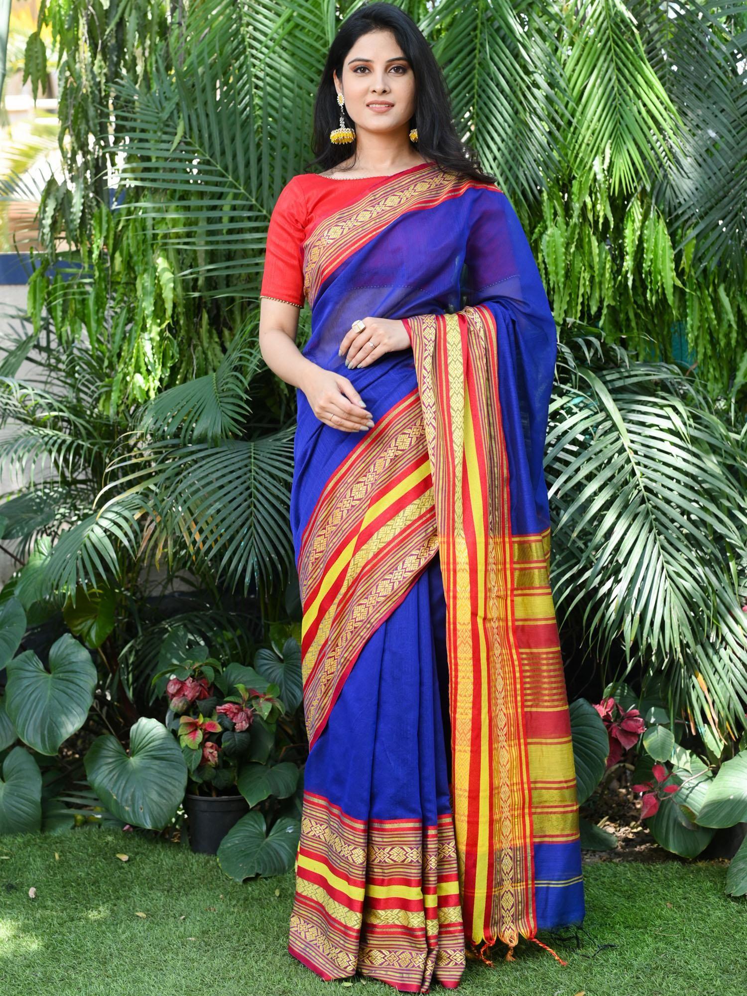 blue cotton handloom jacquard saree with unstitched blouse