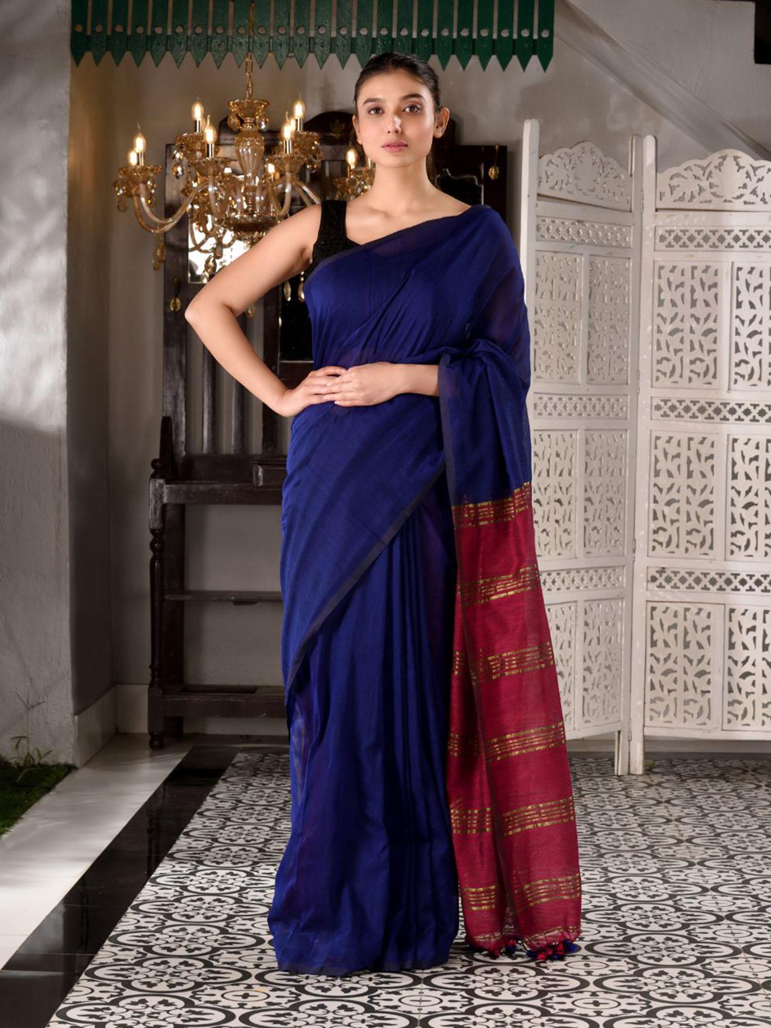 blue cotton handwoven saree with zari in pallu unstitched blouse piece