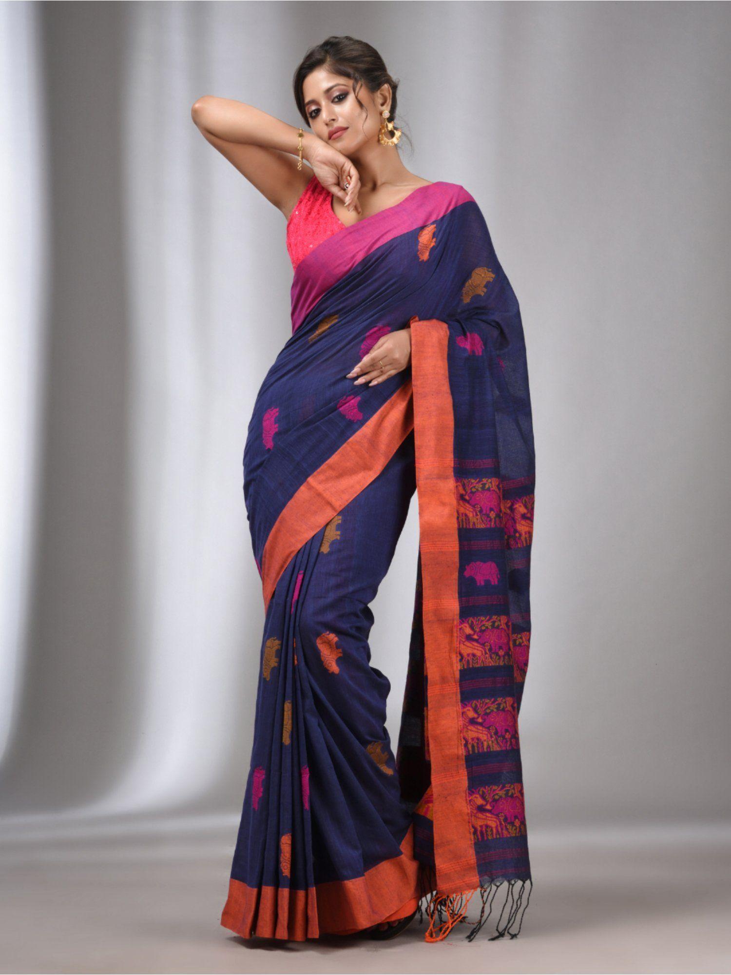 blue cotton handwoven soft saree with animal motifs with unstitched blouse