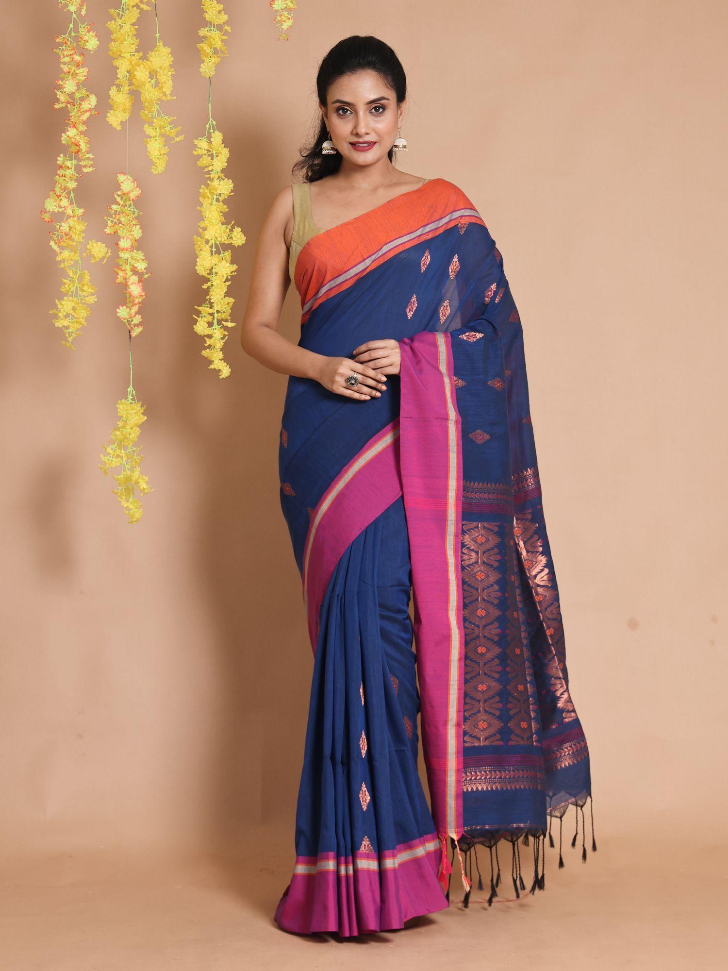 blue cotton handwoven zari ethnic motifs & dual borders saree with unstitched blouse