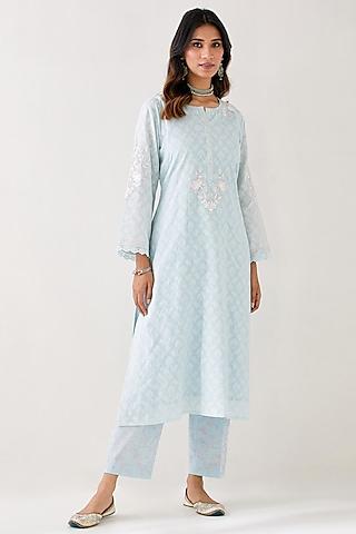 blue cotton jacquard embroidered kurta set