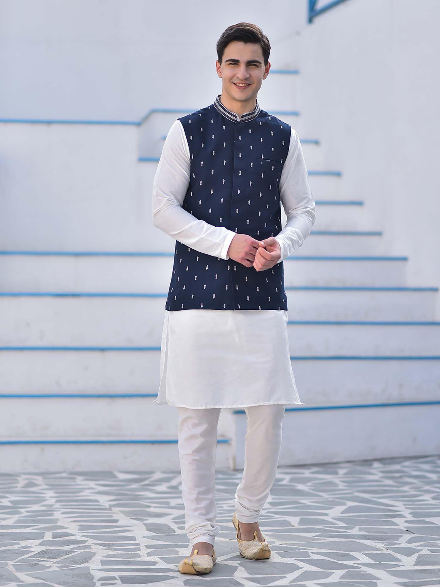 blue cotton jacquard woven nehru jacket with kurta & churidar for men (set of 3)