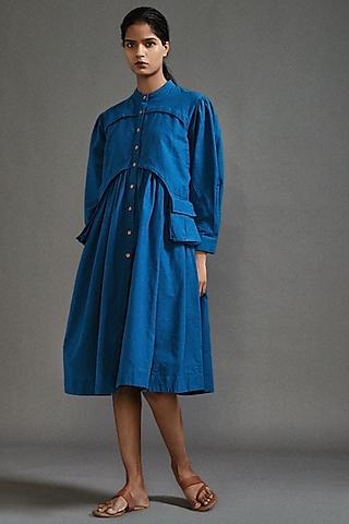 blue cotton knee-length safari dress