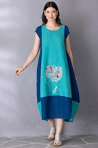 blue cotton linen embroidered dress