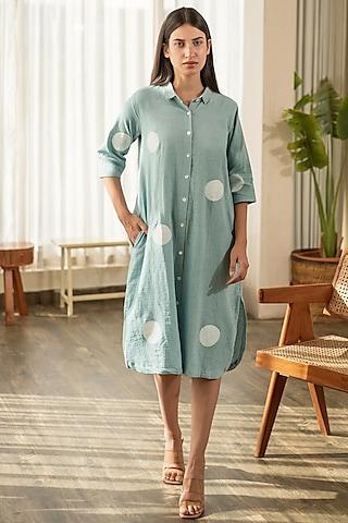 blue cotton linen shirt dress