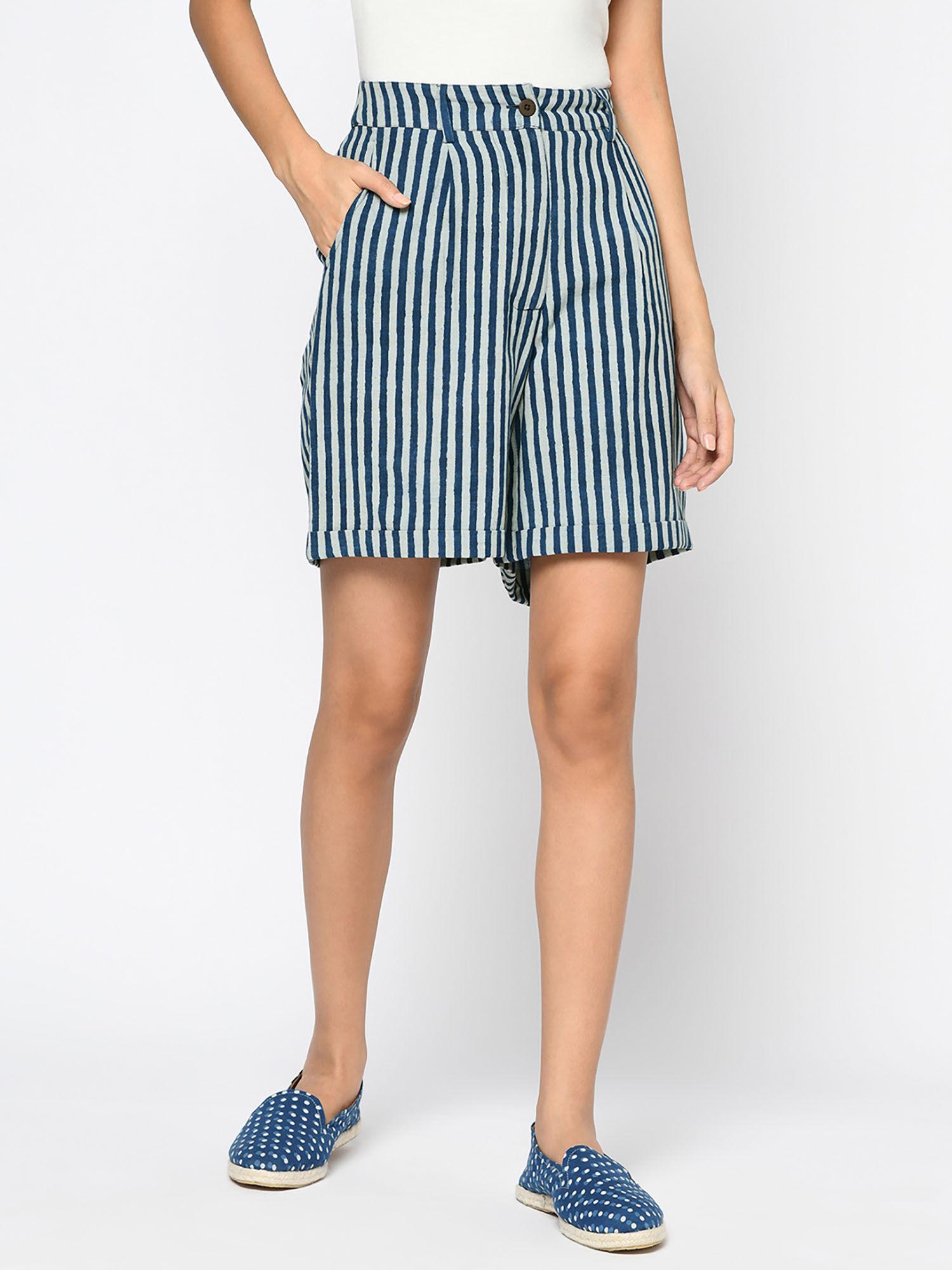 blue cotton linen stripes shorts