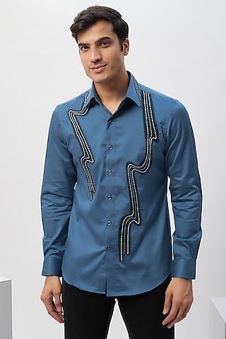 blue cotton machine embroidered shirt