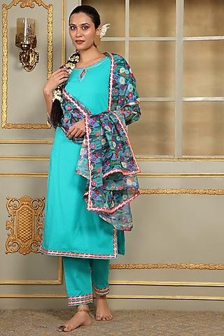 blue cotton magzi embroidered straight kurta set