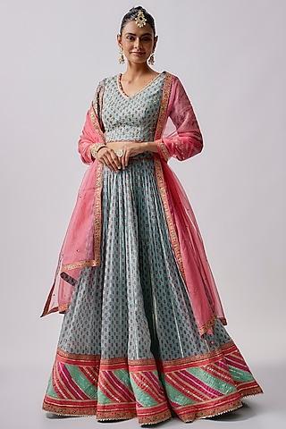 blue cotton mal embroidered lehenga set