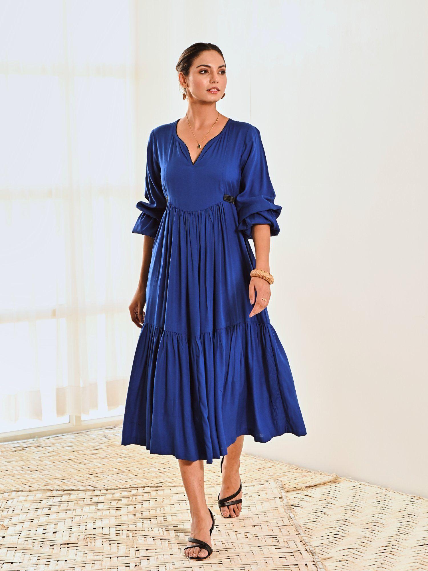 blue cotton midi dress with belt