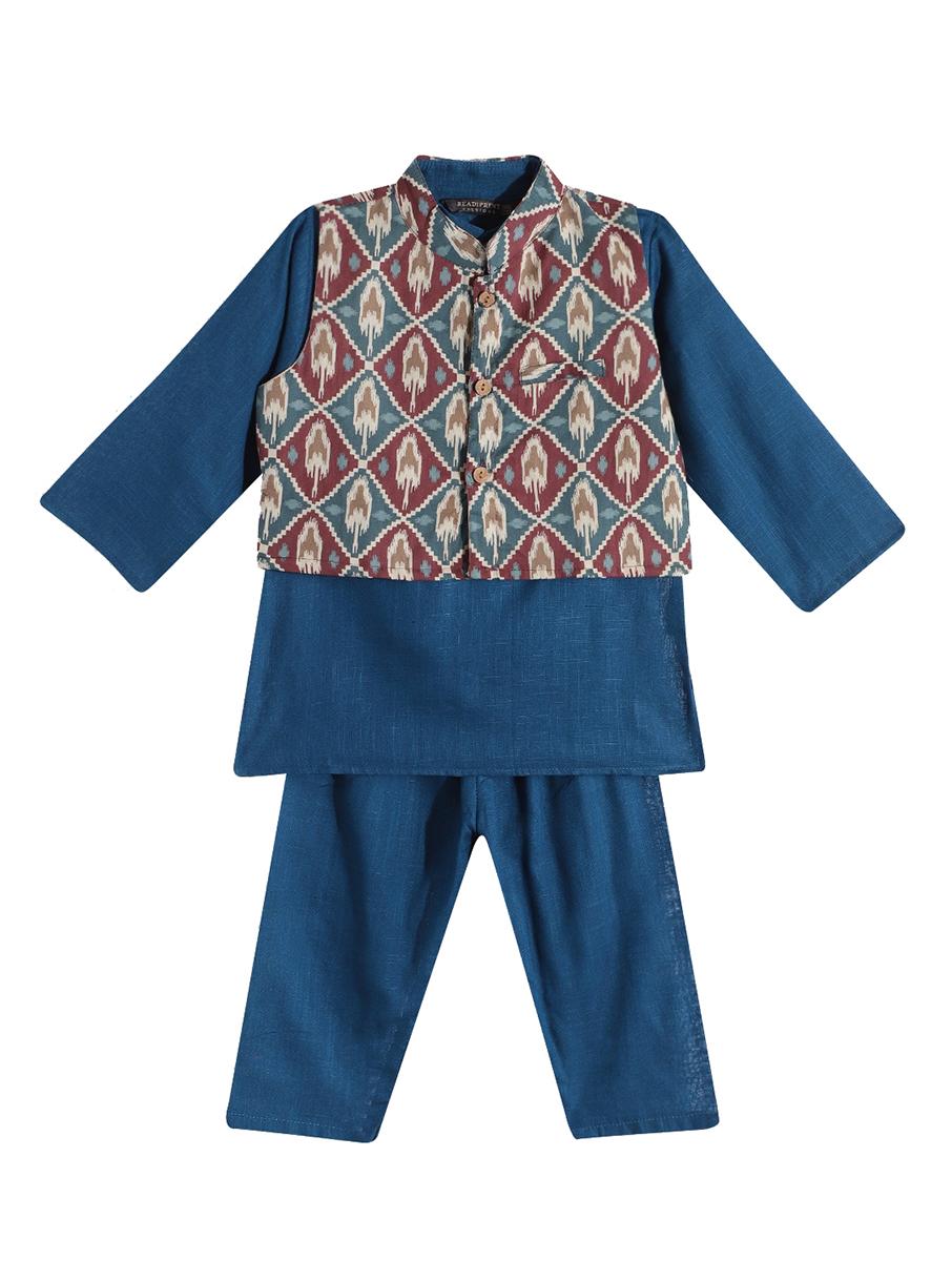 blue cotton nehru jacket with kurta and pyjama (set of 3)