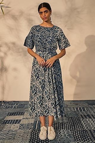 blue cotton patchwork knot dress
