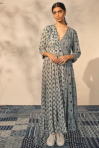 blue cotton patchwork printed maxi wrap dress