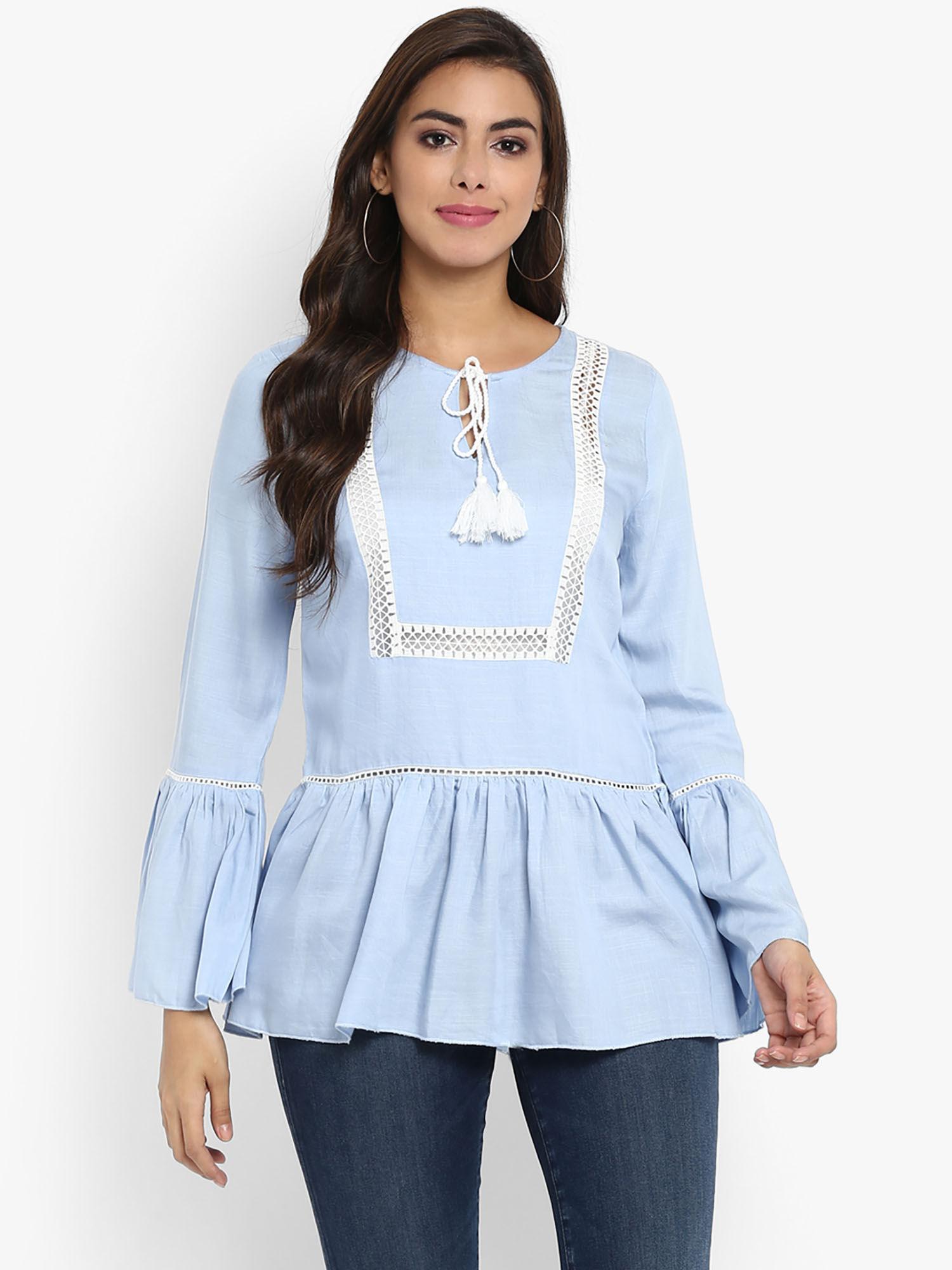 blue cotton peplum tunic top