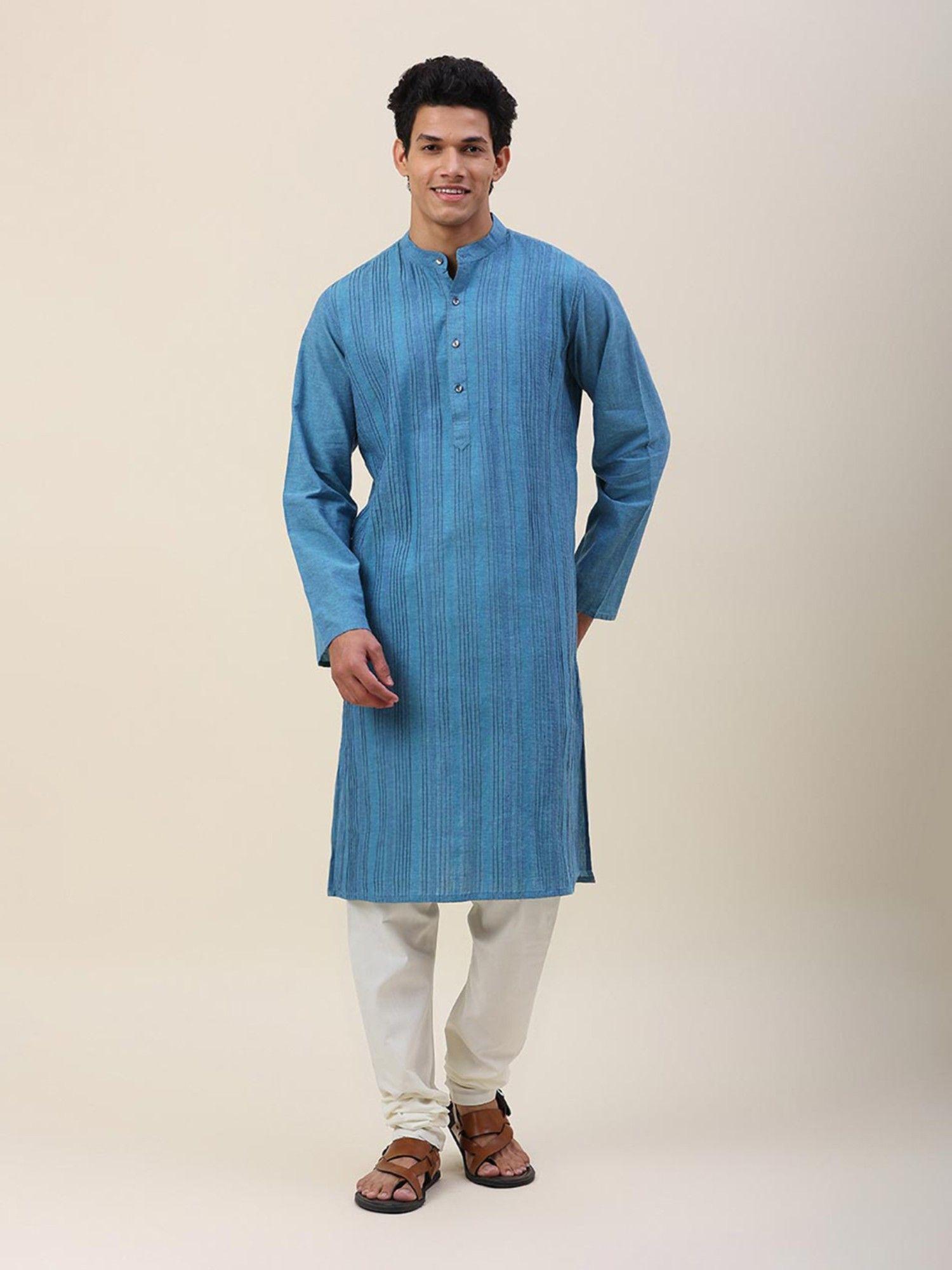 blue cotton pintucks slim fit long kurta