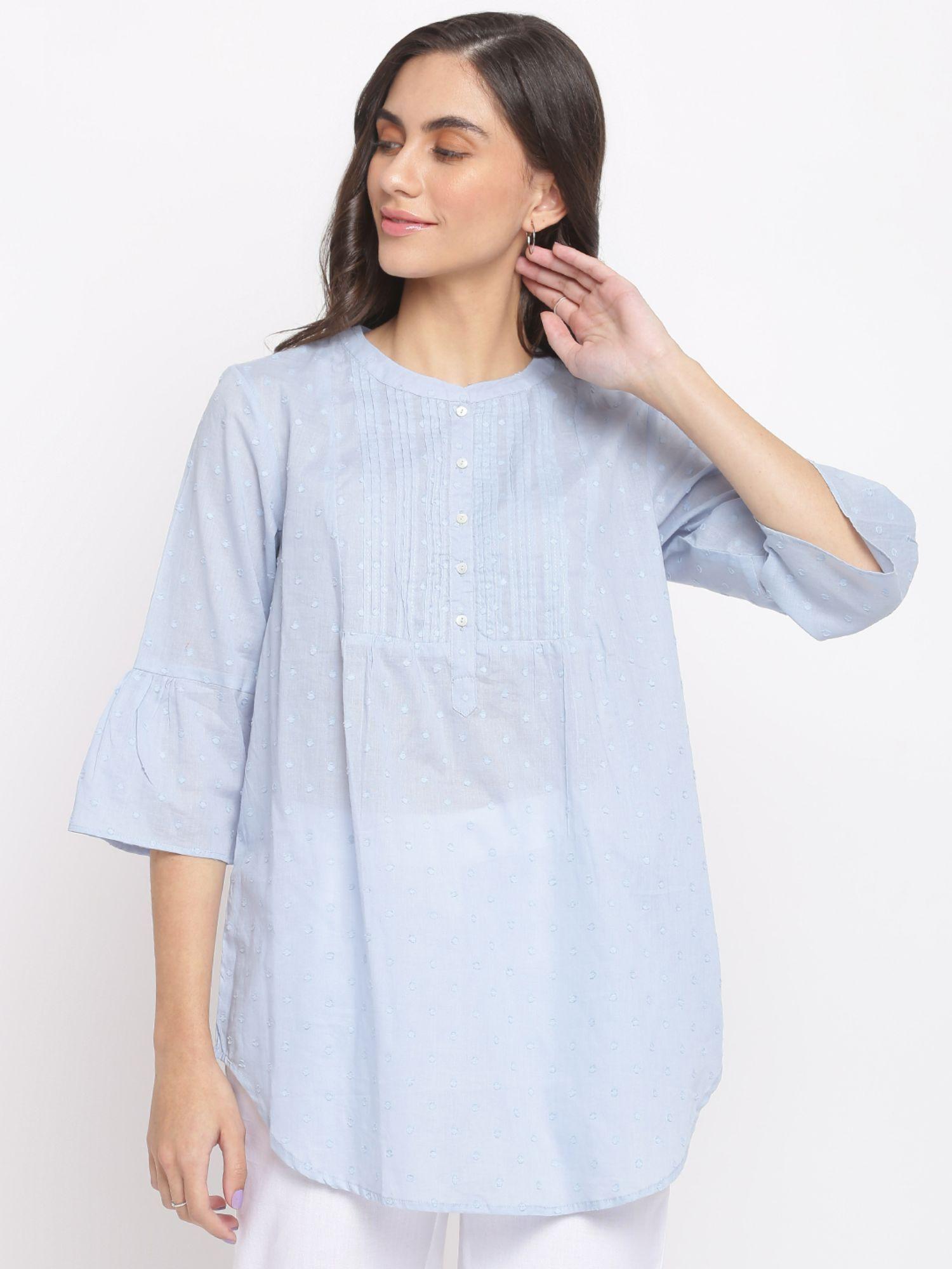 blue cotton pintucks tunic